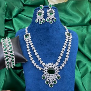 Multilayered Emerald Green American Diamond Necklace Earrings Indian Bridal Jewellery Pakistani Wedding Nikah Jewellery CZ Zircon