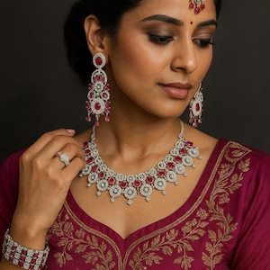 Bridal CZ Ruby Choker Necklace Set | Indian Wedding Jewelry Set with Earrings, Maang Tikka & Bangles | Red Stone Bridal Jewelry | Statement