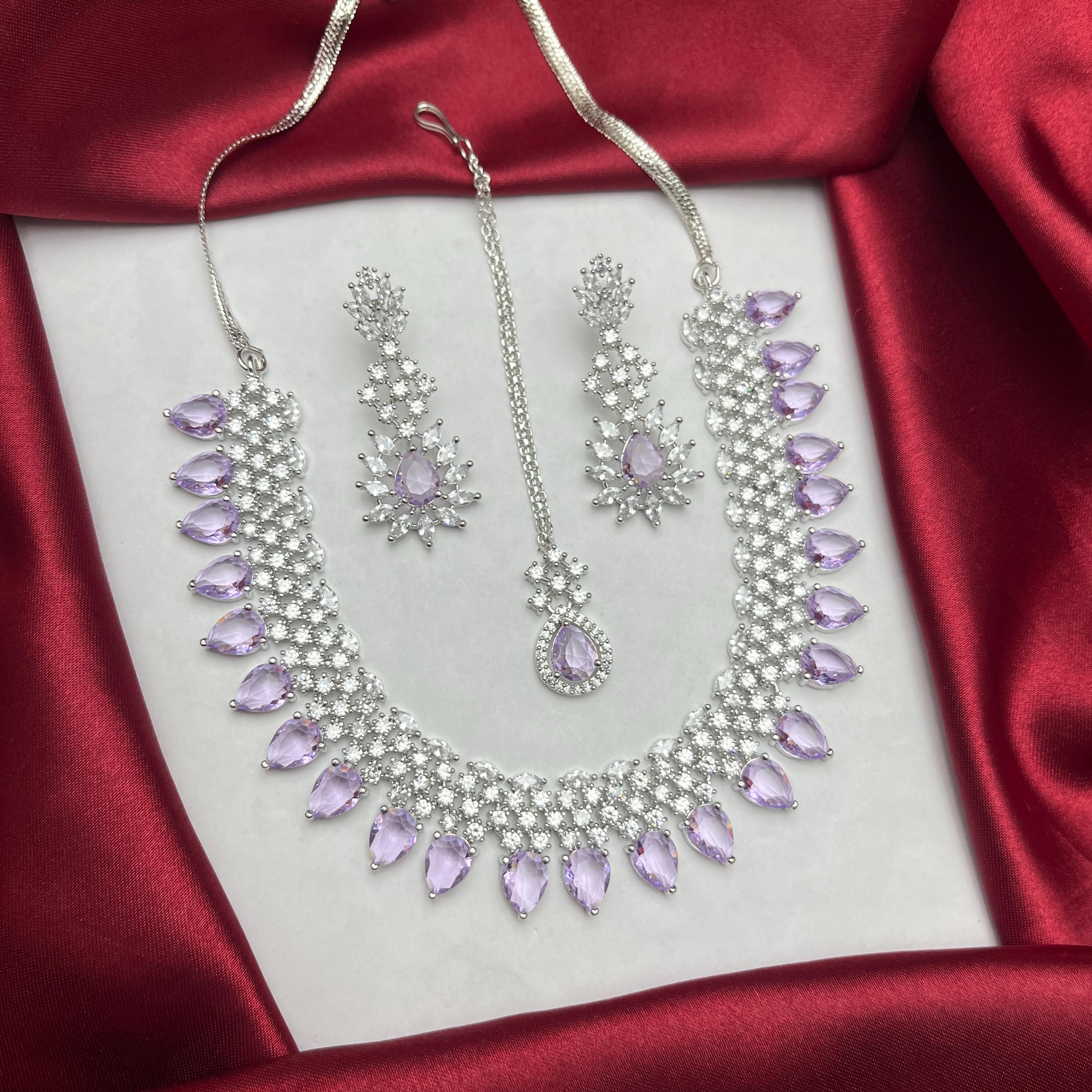 Silver Plated Lavender Amethyst CZ Bridal Necklace Set With Maang