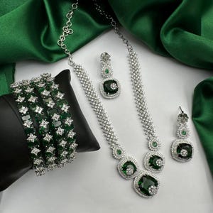 Elegant Green American Diamond Necklace Set | Reception Jewellery | Indian Bridal Jewellery | CZ Diamond Look alike Wedding Necklace Set