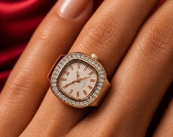 Luxury Gold Finger Watch Ring Women Elegant CZ Diamond Encrusted Watch Ring Adjustable Statement Jewelry Unique Bridal Party Wear Accessory