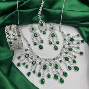 Emerald Green CZ Bridal Jewelry Set: Indian Wedding Necklace Earrings Bangle Maang Tikka
