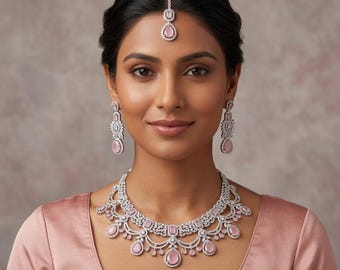 Conjunto de collar gargantilla nupcial de piedra rosa: joyería india para bodas con diamantes de circonita cúbica
