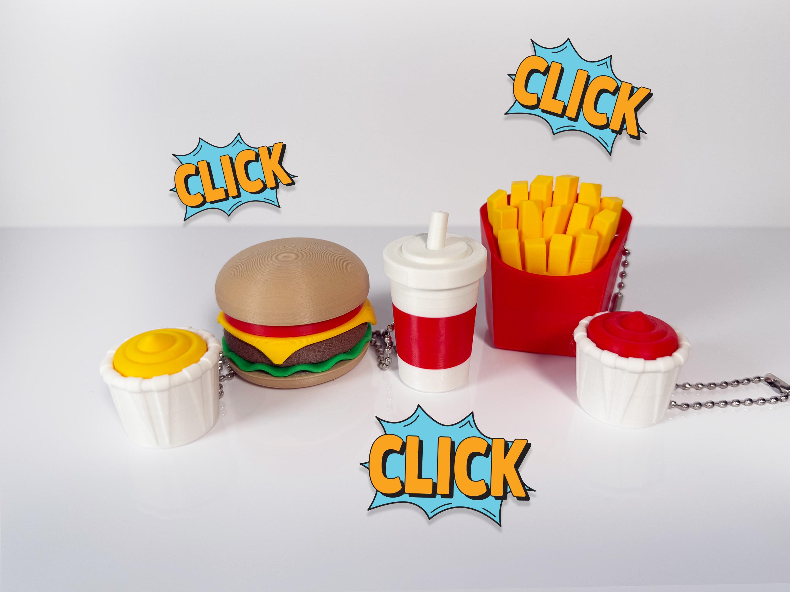 Burger meal Fast food 3D printed clickers - mechanical, fidget, clicky, stress relief