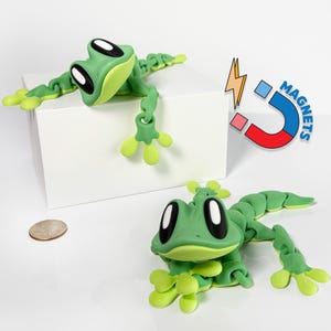 May include: Two green frog-shaped magnetic toys with articulated limbs. The frogs have large black eyes and are posed on a white surface. The word "MAGNETS" is visible in the background.