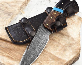 Hand Forged Damascus Steel Hunting Knife: Viking Bowie, Leather Sheath
