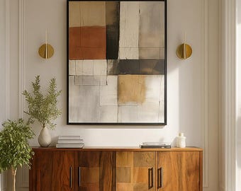 Neutrale geometrische abstrakte Kunst | Strukturierte moderne Wand-Dekor | Premium Holzrahmen | 3:4 Vertikal