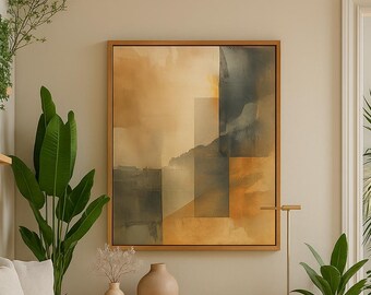 Neutral Layered Abstract Art Print | Warm Ochre & Charcoal Minimalist Wall Art | Textured Modern Decor | 3:4 Vertical