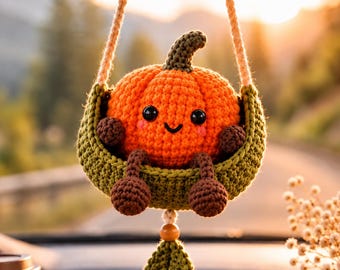 Crochet Hanging Swing Car Charm, Seasonal Rearview Mirror Decor, Acorn Pumpkin Strawberry Snowman, Handmade Car Ornament