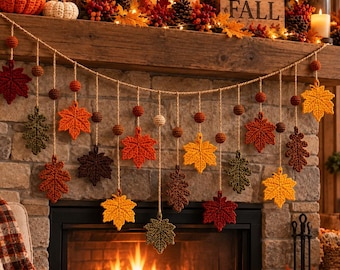 Crochet Autumn Leaf Garland, Maple Oak Leaf Bunting, Handmade Fall Decor, Thanksgiving Mantel Decoration, Woodland Home Decor