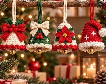 Crochet Christmas Bell Ornament Set of 4, Handmade Holiday Tree Decor, Santa Hat Poinsettia Bells, Christmas Gift