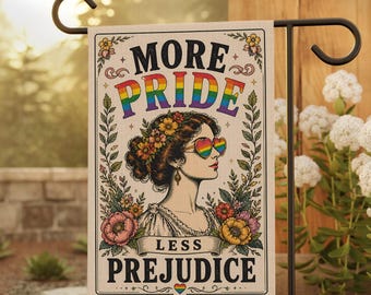 More Pride Less Prejudice Garden Flag, LGBTQ Pride Month Yard Decor, Floral Rainbow Outdoor Banner, Equality Activism Art, Housewarming Gift