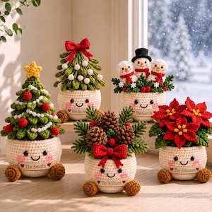 May include: Five crocheted holiday decorations in cream-colored pots with smiling faces. The pots are labeled The Smiths, The Browns, The Garcias, The Williams, and The Johnsons. The items include a Christmas tree, a tree with a red bow, three snowmen, pinecones with greenery, and red poinsettias.