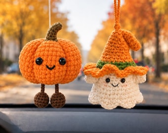 Handmade Crochet Pumpkin Ghost Car Charms, Cute Ghost Pumpkin Car Hanging, Halloween Car Charm Hanger, Halloween Decor, New Car Gift for Her