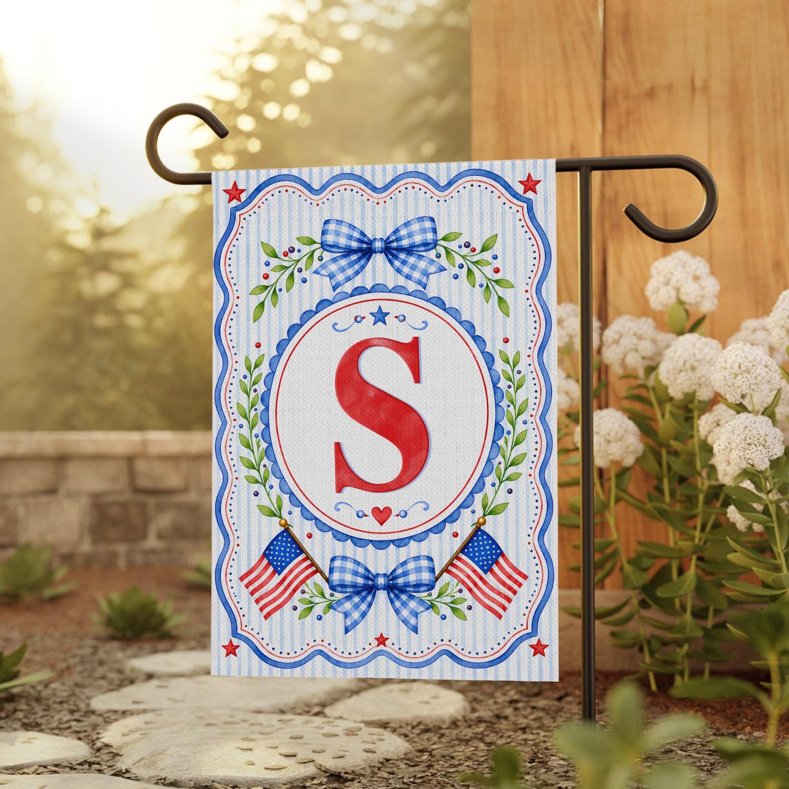 Custom Monogram Garden Flag, Patriotic Blue Bow Yard Decor, Personalized Patriotic House Flag, Grandmillennial Summer Banner, USA Decor Gift - 12x18 inches