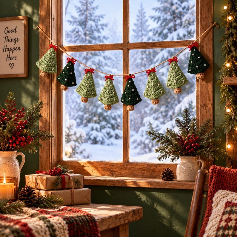 K&ouml;nnte beinhalten: Eine H&auml;kelgirlande mit acht dreieckigen Weihnachtsb&auml;umen in abwechselnden Dunkel- und Hellgr&uuml;nt&ouml;nen, die jeweils mit einer kleinen roten Schleife und wei&szlig;en Perlen verziert sind und an einer d&uuml;nnen braunen Schnur vor einem Fenster h&auml;ngen.
