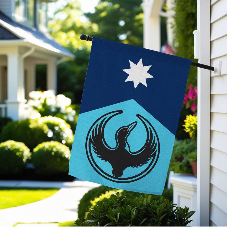Op de afbeelding: Een decoratieve vlag voor buiten met een gestileerd vogelontwerp. De vlag heeft een donkerblauw bovenste gedeelte met een witte ster en een lichtblauw onderste gedeelte met een zwart vogel-embleem. De vogel heeft rode ogen.