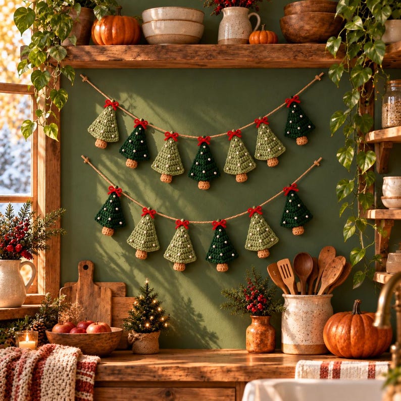 K&ouml;nnte beinhalten: Eine zweistufige Girlande mit geh&auml;kelten Weihnachtsb&auml;umen in dunklen und hellen Gr&uuml;nt&ouml;nen, die jeweils mit einer kleinen roten Schleife und wei&szlig;en Punkten verziert sind und an einer gr&uuml;nen Wand &uuml;ber einer Holzk&uuml;chenarbeitsplatte h&auml;ngen.