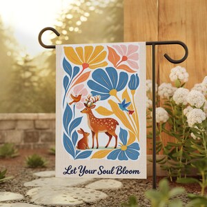 Let Your Soul Bloom Garden Flag, Woodland Animal Flag, Deer Rabbit Floral Yard Decor, Nature Gift, Garden flag, Floral Yard Decor