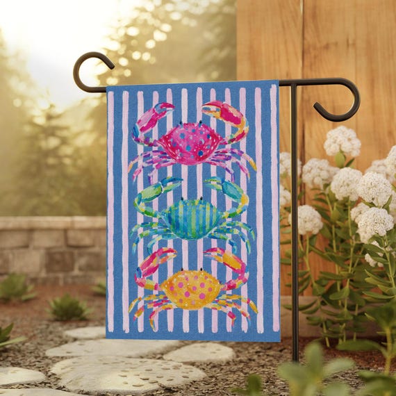 Watercolor Crab Garden Flag Summer Beach Yard Banner Coastal House Sign Cute Striped Lawn Decor Ocean Theme Outdoor Poster Nautical Ornament