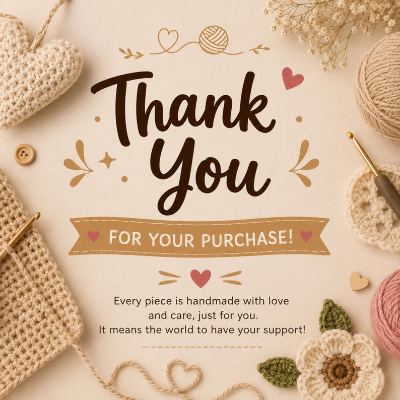 K&ouml;nnte beinhalten: Eine Dankeskarte mit dem Text Thank You FOR YOUR PURCHASE! Every piece is handmade with love and care, just for you. It means the world to have your support! Umgeben von H&auml;kelobjekten wie einem Herz, Garnkn&auml;ueln und einer Blume.
