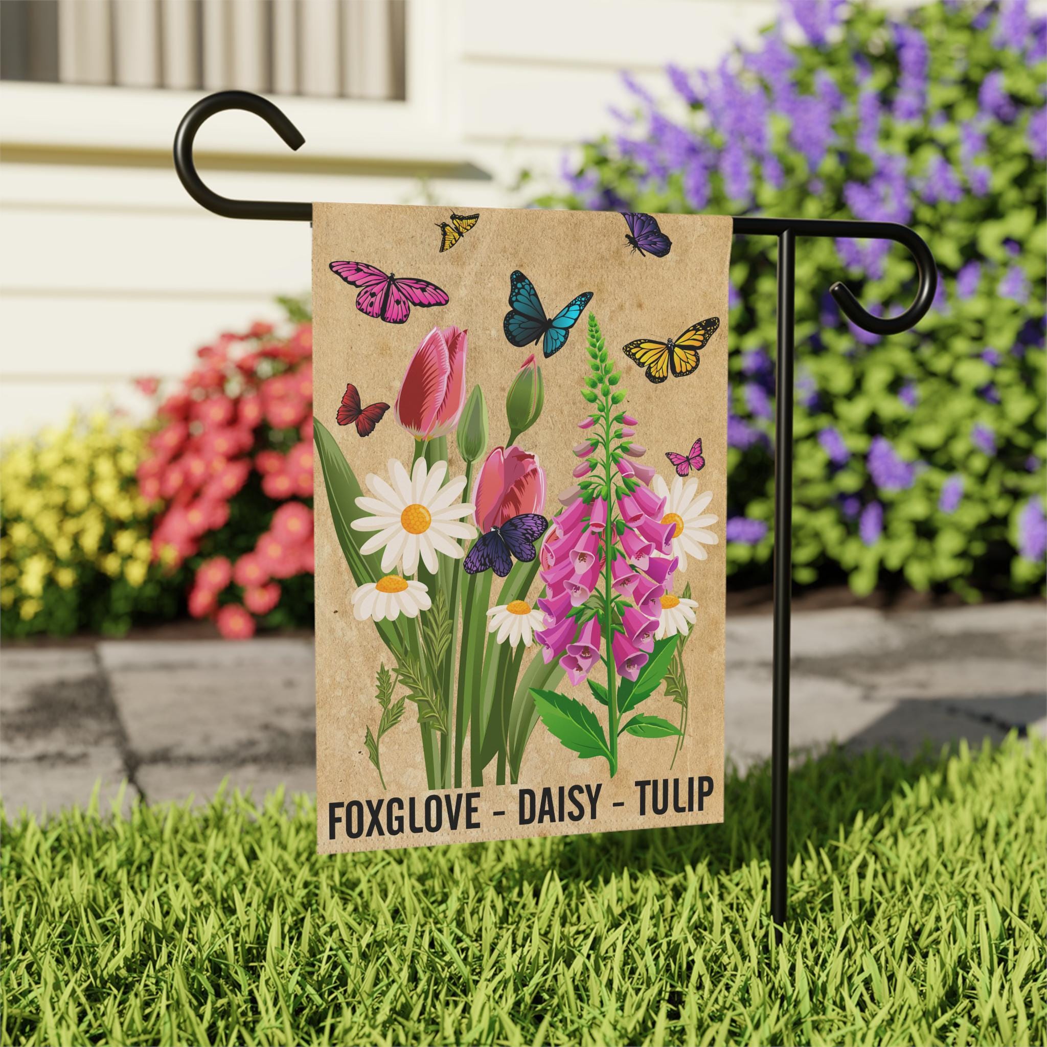 Foxglove Daisy Tulip Floral Flag, Foxtrots Deltas Tangos Retro Vintage Boho Garden Flag