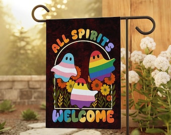 All Spirits Welcome Garden Flag, Rainbow Ghost Halloween Decor, Inclusive Pride Outdoor Yard Sign, Spooky Colorful Fall Porch Garden Flag