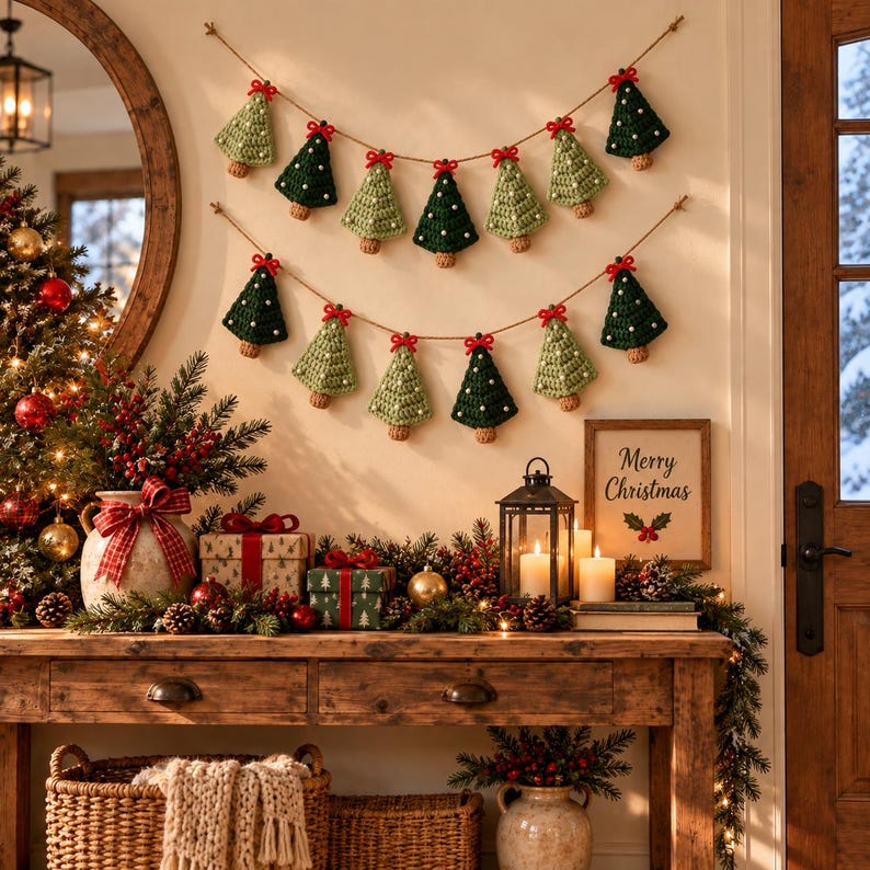 K&ouml;nnte beinhalten: Zwei horizontale Girlanden mit abwechselnd hell- und dunkelgr&uuml;nen geh&auml;kelten Weihnachtsbaum-Anh&auml;ngern. Jeder Baum ist mit einer kleinen roten Schleife versehen und mit wei&szlig;en Punkten verziert, aufgeh&auml;ngt an einer d&uuml;nnen braunen Schnur.
