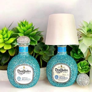 Rhinestone Don Julio Tequila Bottle with Lamp: Aquamarine and Silver Bar Decor