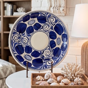 Vintage Mexican Talavera Style Platter | Hand Painted Blue Floral | Grandmillennial Home Decor | 13.5" Large Round Serving Tray | 1970s