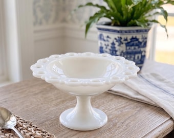 Vintage Milk Glass Compote | Mid Century Lace Edge Pedestal Bowl | 1950s Decor
