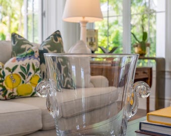 Glass Ice Bucket, French Crystal Style, Scroll Handle Wine Chiller, Barware, Grandmillennial Decor