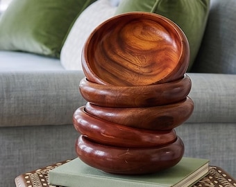 Set of 4 Solid Monkey Pod Wood Bowls | Mid-Century Modern Hand Turned Organic Tableware
