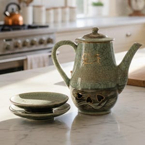 May include: A ceramic teapot and two small saucers. The teapot is green with a crackle glaze, a curved handle, and a spout. It has gold accents and a decorative design. The saucers are the same color and finish.