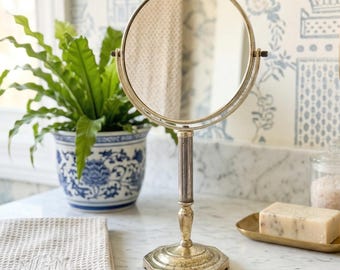 Vintage Brass Pedestal Mirror | 1970s Regency Vanity Decor | 10x Magnification Swivel Mirror
