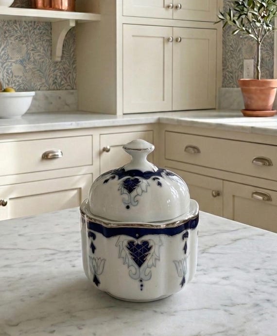 Cobalt Blue Heart Lidded Porcelain Jar | 1990s Trinket Stash