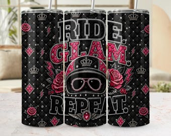 バイカーガール タンブラーラップ PNG、フェイクダイヤモンドレザー バイクデザイン（デジタルダウンロード）