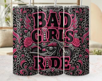 Bad Girls Ride タンブラーラップ PNG、ピンクのフェイク刺繍バイカーバイクデザイン（デジタルダウンロード）