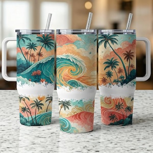Beach Tumbler Wrap PNG: Summer Ocean Wave Design (40 oz)