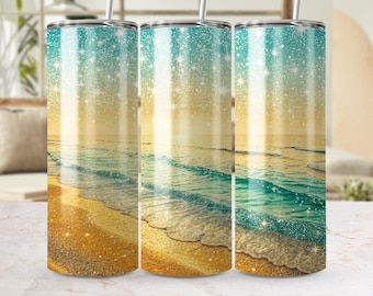 Glitter Beach Tumbler Wrap: Ocean Scene Sublimation Design (PNG Digital Download)