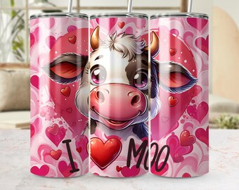 Envoltorio para vaso con la frase "I Love Moo" (vaca linda, me encanta Moo) PNG, vaso para San Valentín, patrón de corazones, descarga digital, diseño de sublimación, idea de regalo