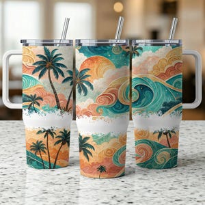 Beach Tumbler Wrap: Ocean Wave Palm Tree Print (PNG Digital Download)