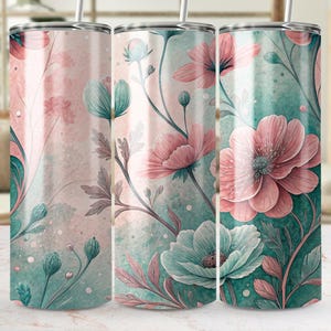 Floral Tumbler Wrap Png, Seamless Design, Watercolor Flowers, Pink and Teal, 20oz Skinny Tumbler Sublimation Design, Tumbler Designs