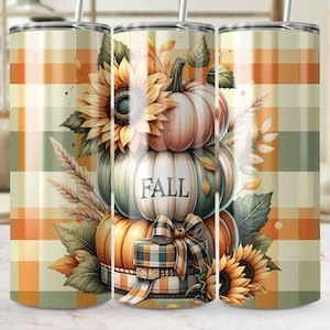 Fall Tumbler Wrap Png, Sunflower Pumpkin Png, Autumn Tumbler Design, Plaid Tumbler Png, Digital Download, Sublimation Design, Fall Decor