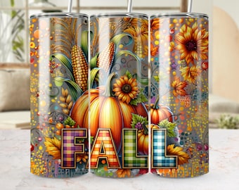 Fall Tumbler Wrap PNG: Pumpkins, Corn, Sunflower Design (Digital Download)