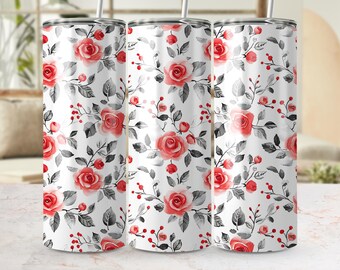 Red Roses Tumbler Wrap, Watercolor Floral, Seamless Design (PNG)