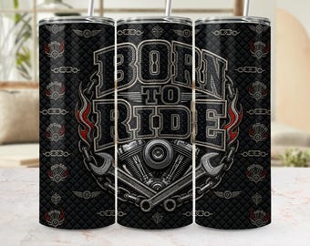 Born To Ride Tumbler Wrap PNG, Biker Engine Design, Flaming Wrench Chain (Digital Download)