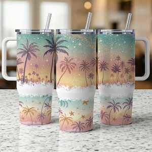 May include: Three stainless steel tumblers with lids and handles. Each tumbler features a colorful sunset scene with palm trees and stars. The tumblers are perfect for enjoying your favorite beverages.