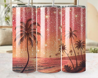 Beach Sunset Tumbler Wrap: Glitter Palm Tree Design (Digital Download)