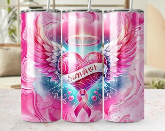 Survivor Heart Tumbler Wrap: Angel Wings, Pink Ribbon (Digital Download)